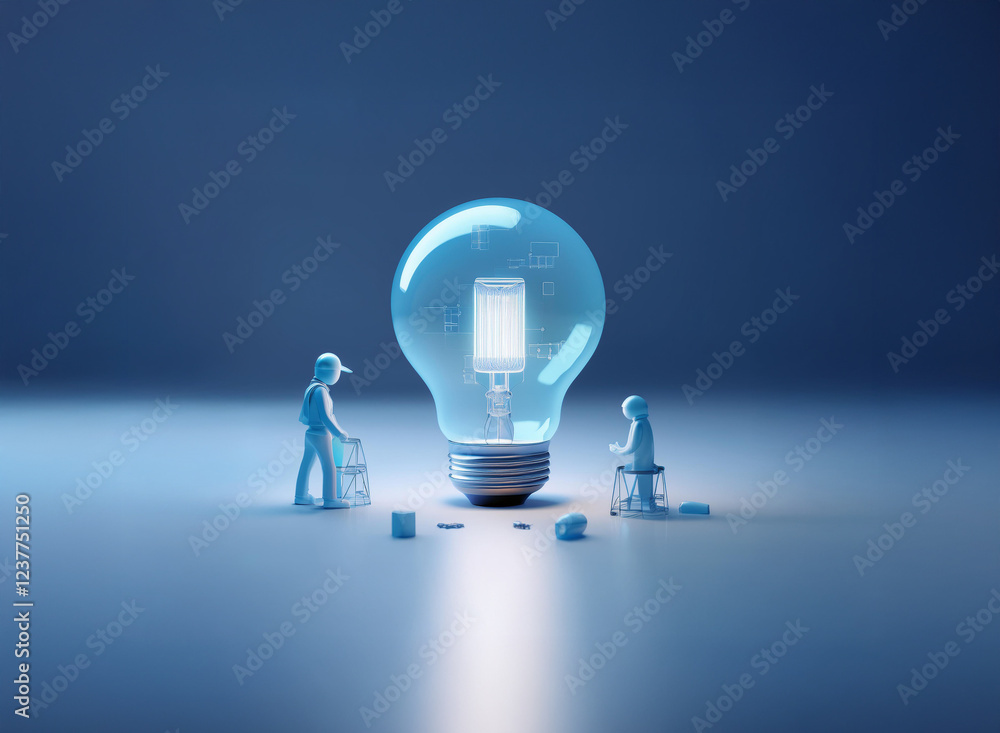 Poster two miniature figures work together near a glowing lightbulb, representing collaboration and innovat