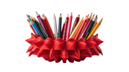 Colorful pencils standing in a red spiky pencil holder on transparent background