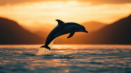 A dolphin joyfully leaps out of the water at sunset, showcasing its grace and beauty against a stunning natural backdrop.