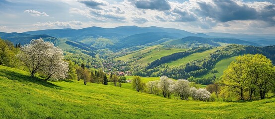 Panoramic Spring Landscape of Carpathian Mountains Near Zvorek Village - AI generated illustration