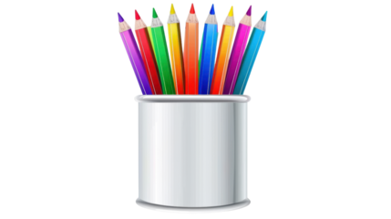 Colorful pencils standing in a white container on transparent background