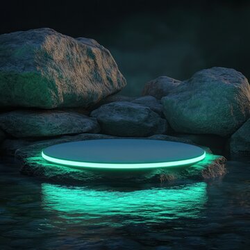 Shallow rocky waterbed under a circular 3D blank podium bordered with glowing jade green neon in soft diffused lighting.