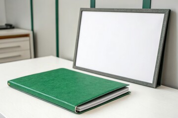 Fototapeta premium Single green folder placed on a white surface with grey frame, desk organizer, workspace decor