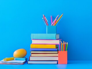 Realistic Photo of School Supplies and Books Prepared for Back to School with Blue Background - AI generated illustration