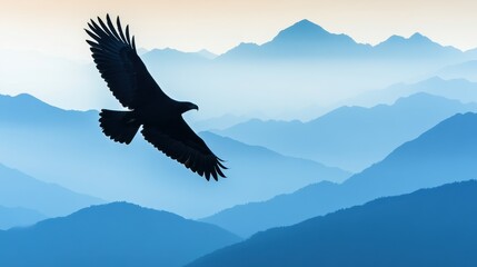 Fototapeta premium A majestic eagle soaring over misty mountains, showcasing freedom and nature's beauty in a serene landscape.