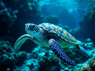 Obraz premium Sea turtle swims gracefully underwater among coral reefs in the ocean