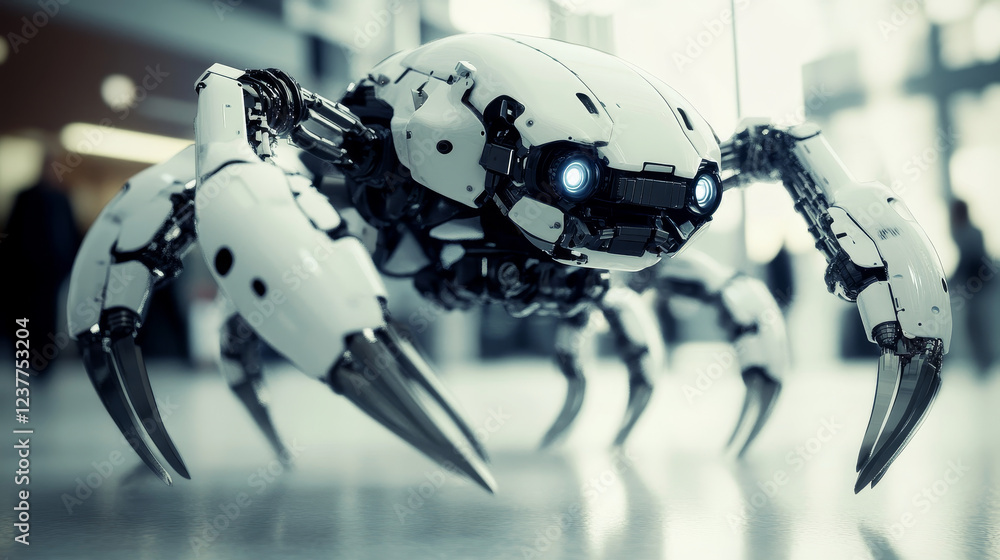 Poster automated robot on sucks, flexible legs and arms with grabs isolated cyber space android. vector mec
