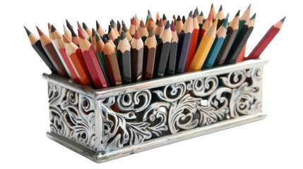 Colored pencils standing in an ornate silver container on transparent background
