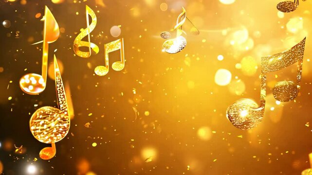 Golden Music Notes Flowing, Flying on Golden Bokeh Background. 