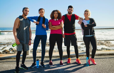 People, group and runner on ocean promenade in portrait for diversity, connection or ready for...