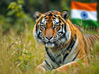 Obraz premium Tiger rests calmly in tall grass with Indian flag visible in background