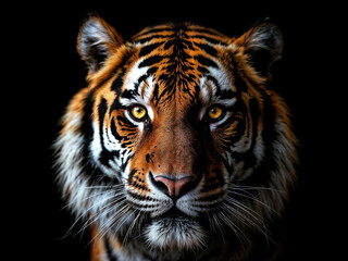 Fototapeta premium Tiger stares intensely with golden eyes against a stark black backdrop showing its beautiful orange and black stripes
