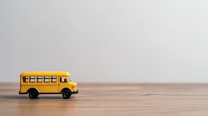Miniature yellow school bus on wooden table against a white background, signifying education and childhood memories; ideal for back-to-school campaigns