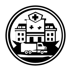 hospital building icon with stethoscope. modern medical emblem with ambulance. healthcare vector design with emergency entrance.