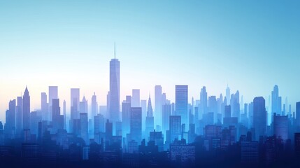Fototapeta premium Cityscape sunrise, hazy skyline, urban landscape, morning mist, panoramic view, website banner