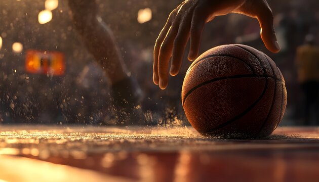 Hand hovering over basketball on court at sunset