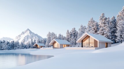 Snowy mountain cabins, winter landscape, tranquil scene, architecture design