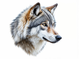Obraz premium Wolf head portrait looking forward against a white background displaying fur texture