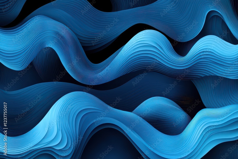 Poster abstract blue wave patterns flowing smoothly against a dark background, evoking calmness and depth