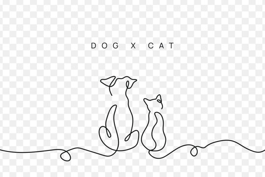Naklejki Cute Cat and Dog single line art vector illustration. Continuous one line drawing of cat and dog.