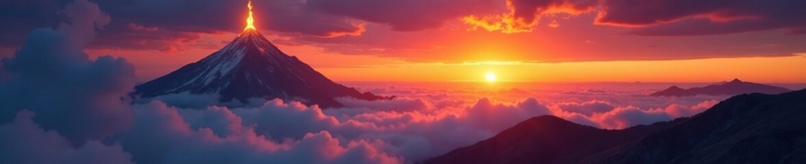 Obraz premium Towering flame piercing the clouds and sky at sunset, mountain, flames