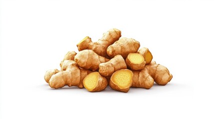 Fresh Turmeric Root Pile on White Background, Healthy Ingredient Display