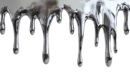 Liquid silver dripping down on transparent background