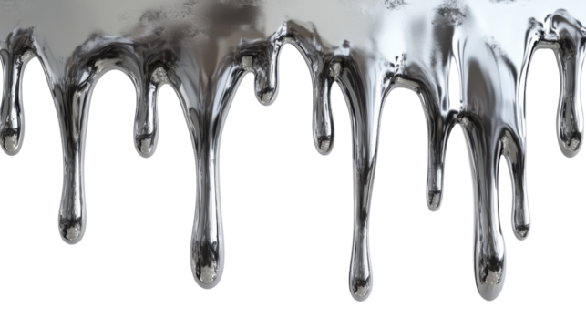 Liquid silver dripping down on transparent background