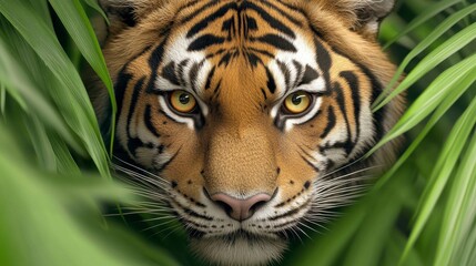 Striking Close-Up of Tiger Emerging from Lush Greenery