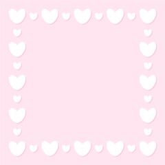 Elegant simple light pink background, card, banner with frame of hearts and place for your text. Vector illustration.