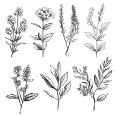 Collection of hand drawn flowers and herbs. Botanical plant illustration. Vintage medicinal herbs sketch set of ink hand drawn medical herbs and plants sketch 