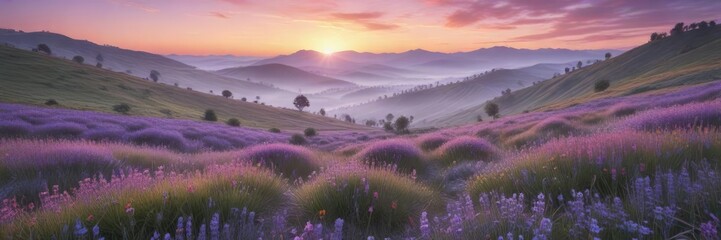 Obraz premium Soft lavender mist rises above a serene landscape of rolling hills and gentle wildflowers , mist, floral fields