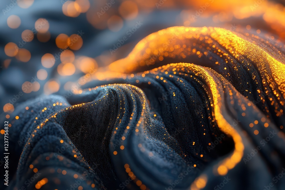 Poster abstract close-up of textured fabric waves illuminated by warm golden lights, creating a dreamy atmo