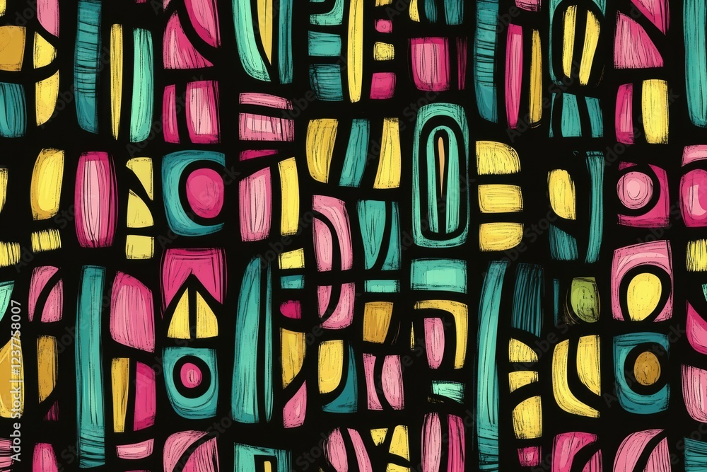 Poster abstract colorful geometric pattern with vibrant shapes on a black background for design use