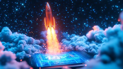 Rocket launching from digital platform into starry night