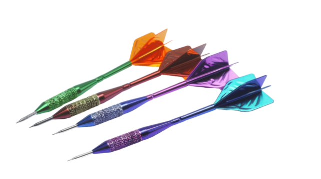 Four colorful darts isolated on transparent background pointing downward