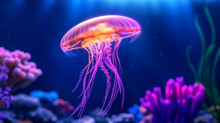 Vibrant jellyfish gracefully swimming through a colorful coral reef in a serene underwater scene