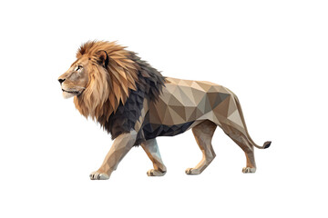 Obraz premium A regal lion crafted with polygonal geometry. Warm earth tones blend with sharp lines, capturing its majestic stride and powerful presence, isolated on a transparent background
