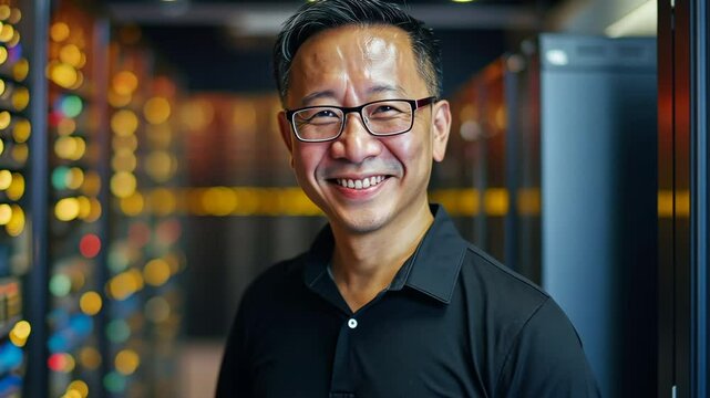 A portrait of an Asian man with glasses, smiling in front of a server room, zoom in, generative AI