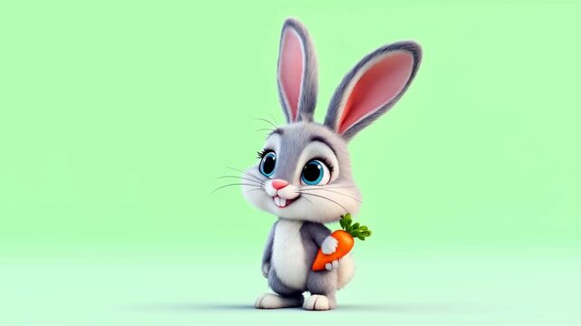 Cute cartoon bunny holding carrot, green background