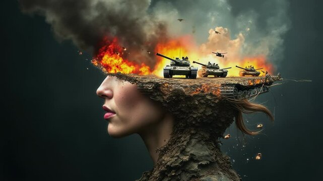 AI generated closeup of lower face of young female survivor tormented with memory of war, with images of tanks, soldiers, helicopters, bomb explosions on her mind, shoulders covered with soil and mud