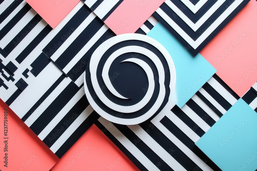 Poster abstract composition of geometric shapes and patterns in vibrant colors on a textured background