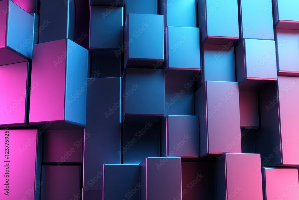 Poster abstract composition of illuminated cubes in vibrant blue and pink hues, creating depth and texture