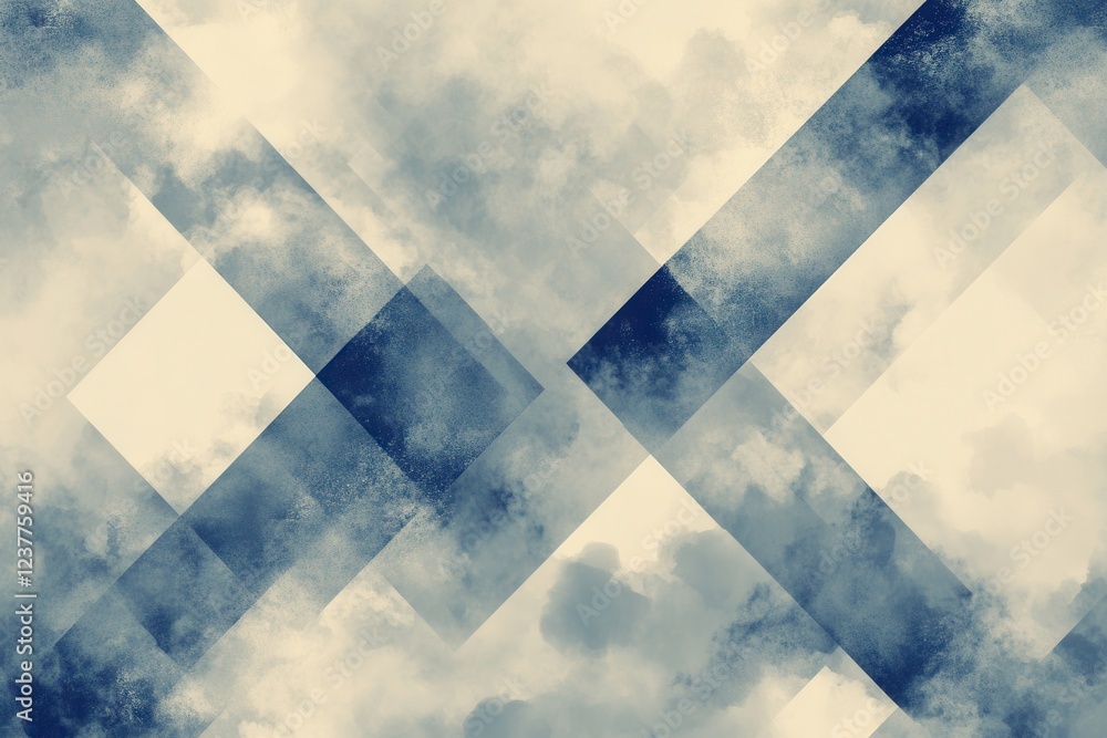 Poster abstract composition of intersecting blue and white geometric shapes against a cloudy backdrop