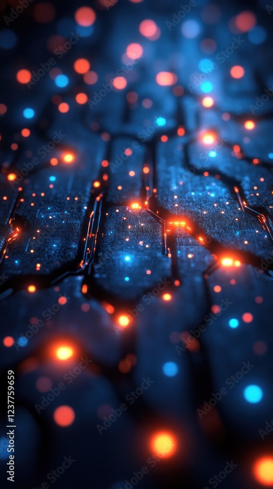 Poster abstract digital circuitry: glowing nodes and pathways