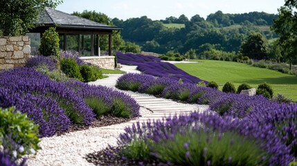 Lavender field path leads to pavilion, hills background, tranquil garden scene, postcard