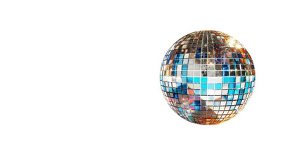 Rotating disco ball reflecting colorful lights on transparent background