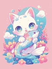 Cute Kitten Holding Koi Fish Pastel Illustration