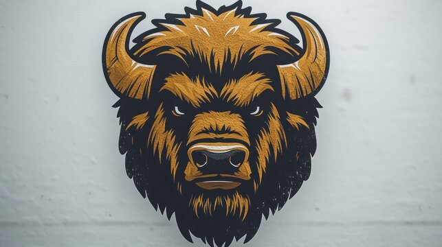 Angry bison head graphic on wall; nature, wildlife, power