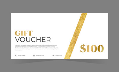 White gift voucher template with golden element and text. Elegant classic promotion design. Vector illustration for birthday, beauty, spa, wellness, travel